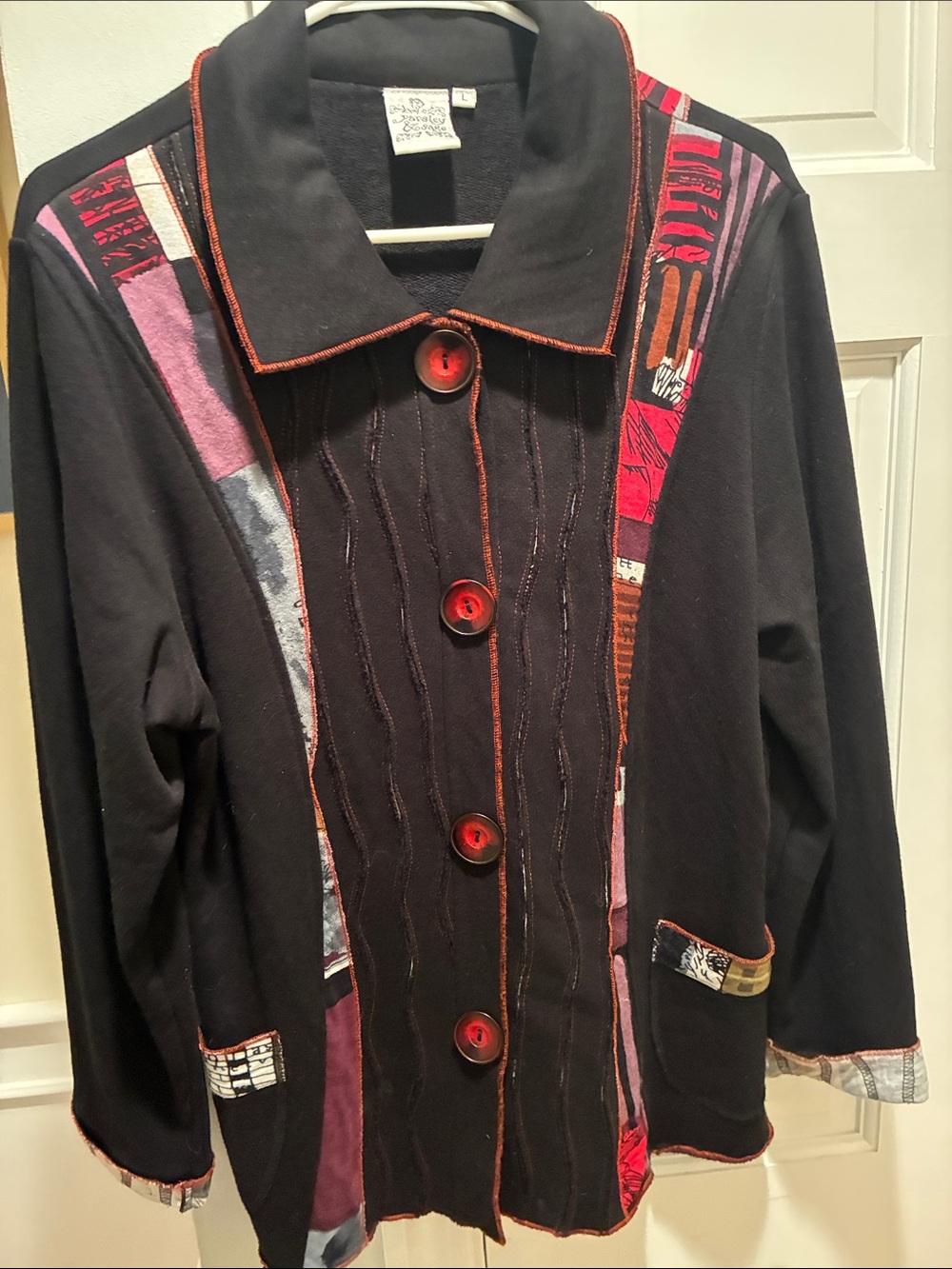 Parsley & Sage Black Jacket with Red Buttons and Multicolor Patch Panels
